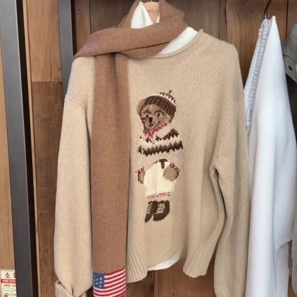 Polo Ralph Lauren Sweater Bear Oatmeal Color Rolled Collar Sweater - Picture 9 of 9